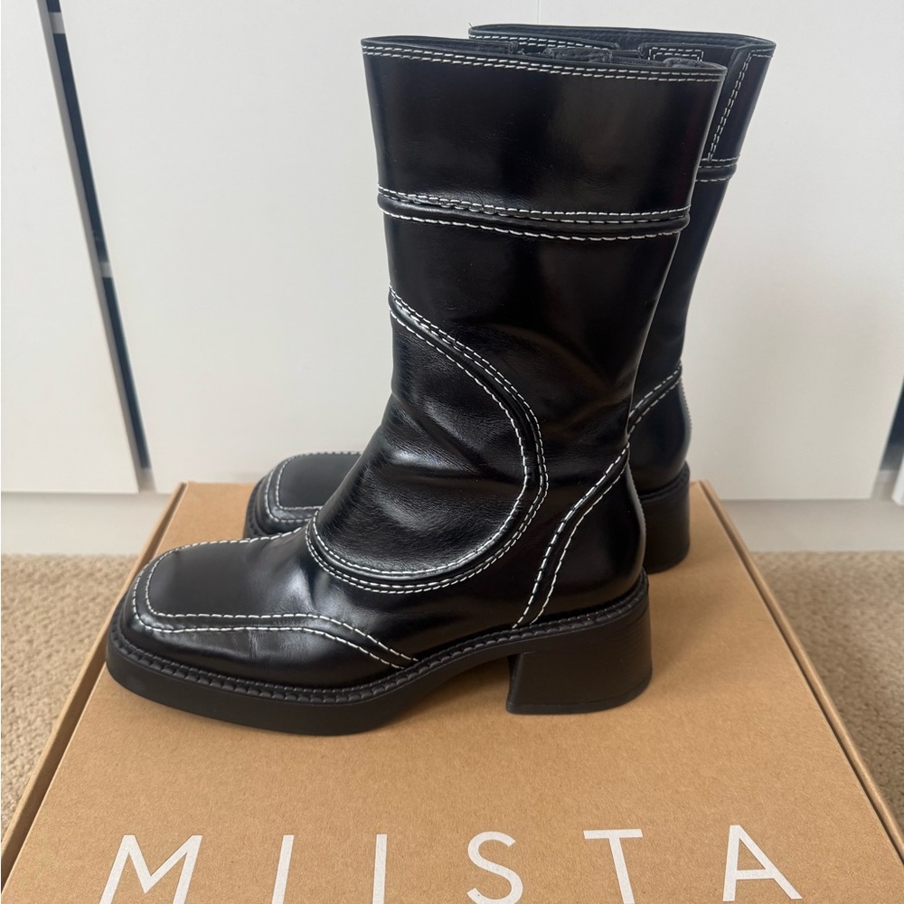 Like New Miista Malene Black Heeled Boots with Chunky Heel and Paneled Design